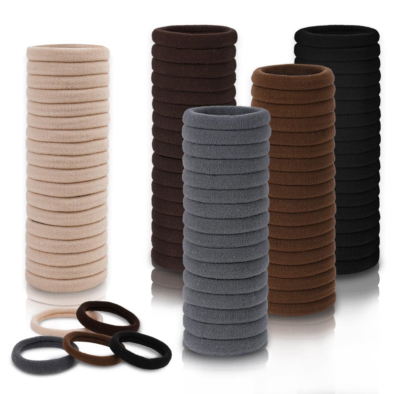 FVOLREM Hair Ties, 100 PCS No Damage Hair Elastics Hair Accessories for Women Girls, Thick Seamless Hair Ties, Neutral Color, 5 Colors Included: Black, Brown, Gray, Carnation, Light Brown - Image 1