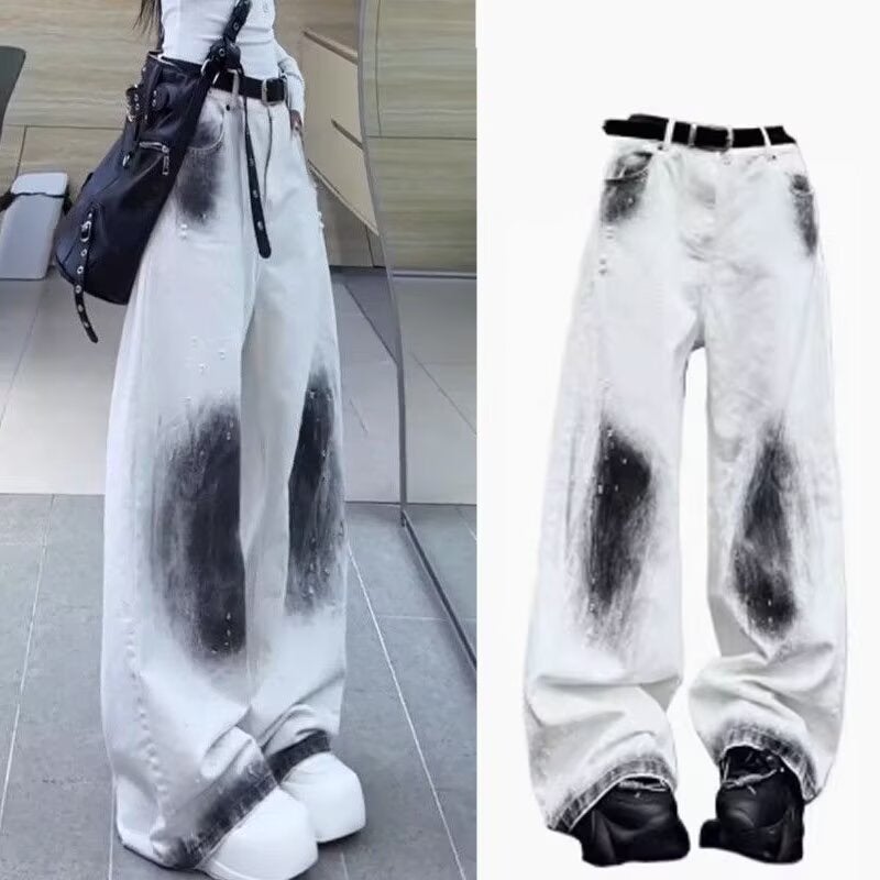 White High Street Wide Leg Distinctive Simi Dye Jeans Mens and Womens Four Seasons New High Waist Loose Straight Casual Long Pants White 