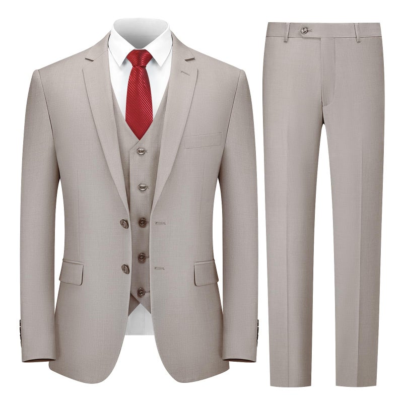 Cooper Nelson 3 Piece Mens Suit Set 2 Button Slim Fit Suit for Men Solid Jacket Vest Pants and Tie Beige XL
