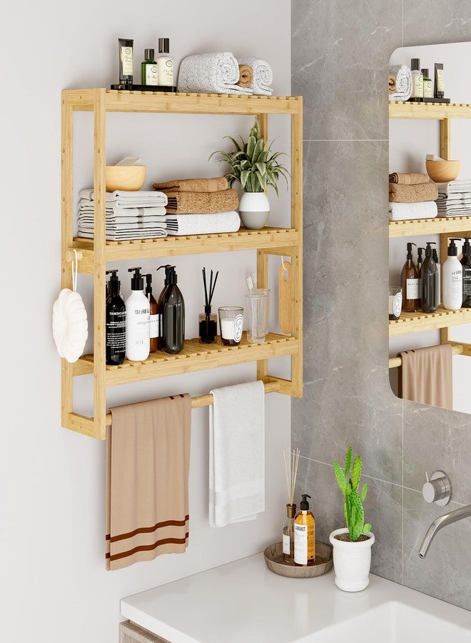 RRX Bathroom Shelf Storage Organizer, Bathroom Shelf 3-Tier Adjustable Layer Bamboo Organizer with Bar, Hanging, Freestanding Over Toilet Utility Shelves, Beige - Image 3
