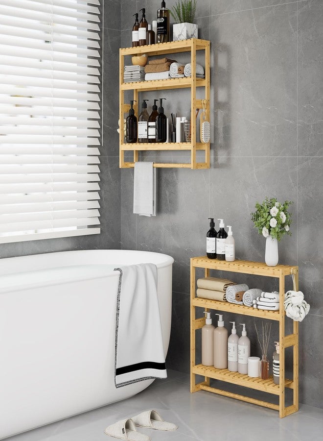 RRX Bathroom Shelf Storage Organizer, Bathroom Shelf 3-Tier Adjustable Layer Bamboo Organizer with Bar, Hanging, Freestanding Over Toilet Utility Shelves, Beige - Image 4