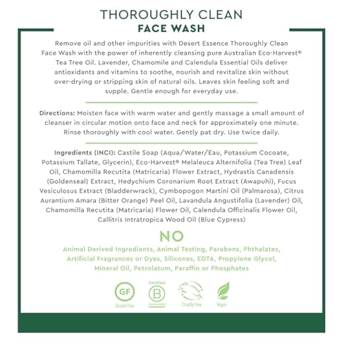 Desert Essence Thoroughly Clean Face Wash with Tea Tree Oil – Natural Facial Cleanser with Castile Soap & Coconut Oil – For Oily & Sensitive Skin – Vegan & Cruelty-Free (8.5 Fl Oz) - Image 3