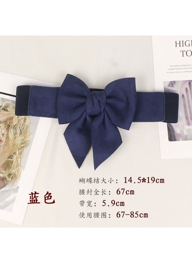 xozgdovg Velvet Elastic Waistband Dress Belt with Bow Blue  - Image 1