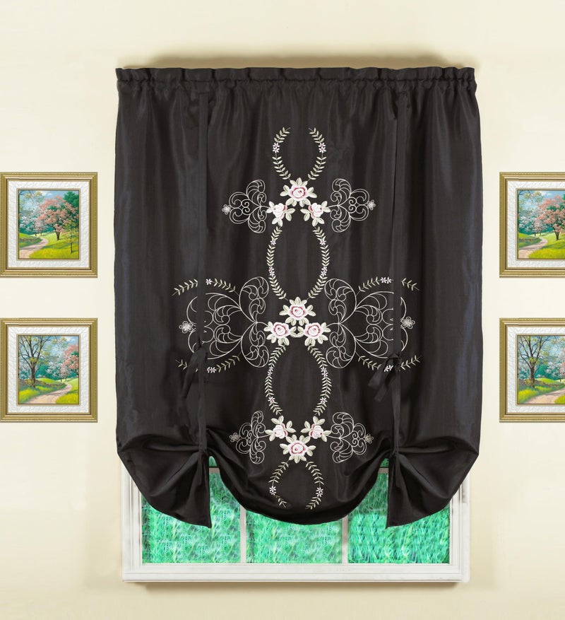 Today's Curtain Today's Curtain Verona Reverse Embroidery Tie-Up Shade  63""  Black/Rose  50"" W X 63"" L - Image 1