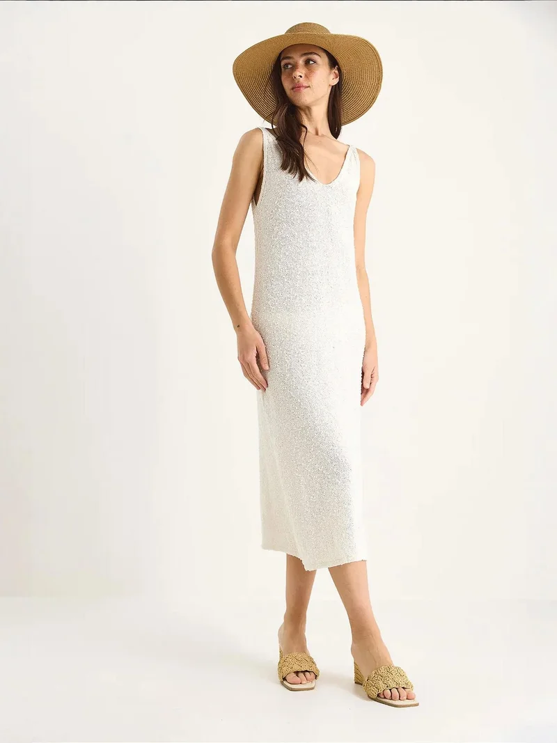 Bianco Lucci LUCCI Textured V-Neck Midi Knit Dress with Back Print