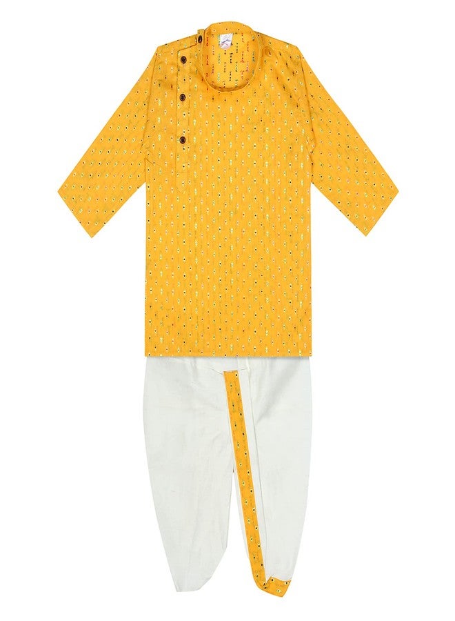 superminis Boy's Cotton Kurta with Dhoti - Golden Thread Work, Round Collar, Full Sleeves, Side Button Kurta Set for Ethnic Wear (Yellow+White, 3-6 Months) - Image 1