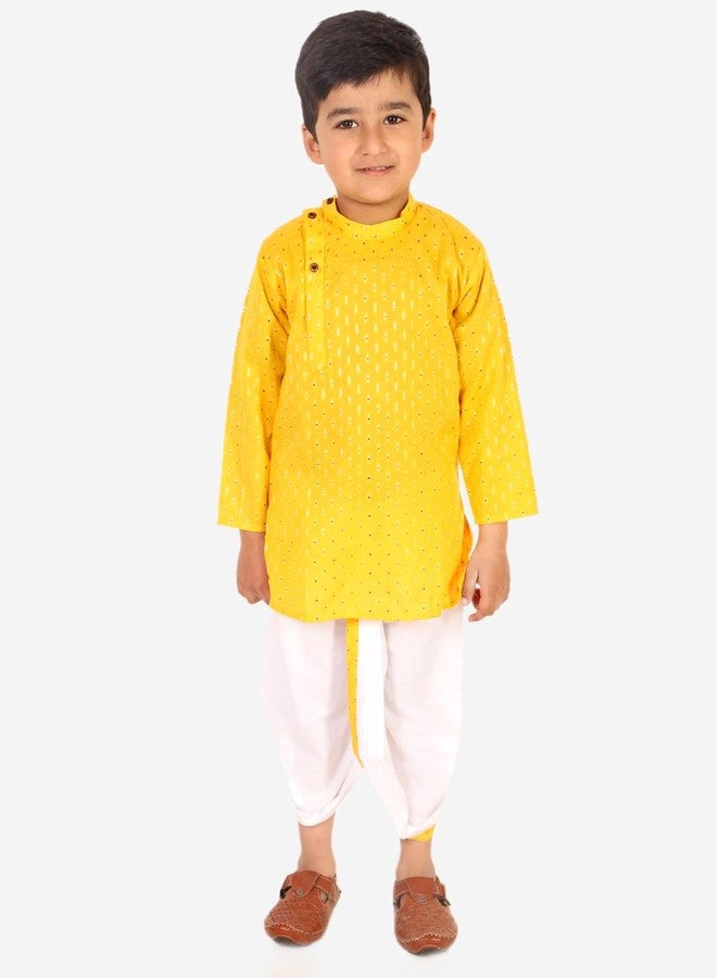 superminis Boy's Cotton Kurta with Dhoti - Golden Thread Work, Round Collar, Full Sleeves, Side Button Kurta Set for Ethnic Wear (Yellow+White, 3-6 Months) - Image 2