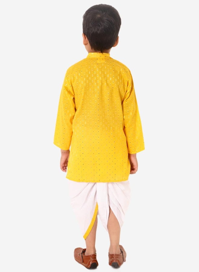 superminis Boy's Cotton Kurta with Dhoti - Golden Thread Work, Round Collar, Full Sleeves, Side Button Kurta Set for Ethnic Wear (Yellow+White, 3-6 Months) - Image 3