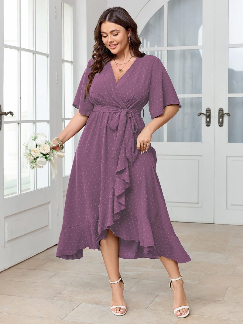 SCOMCHIC Women's Plus Size Summer Dresses Short Sleeve Wrap V Neck Swiss Dot Boho High Low Split Ruffle Maxi Dress Purple - Image 4