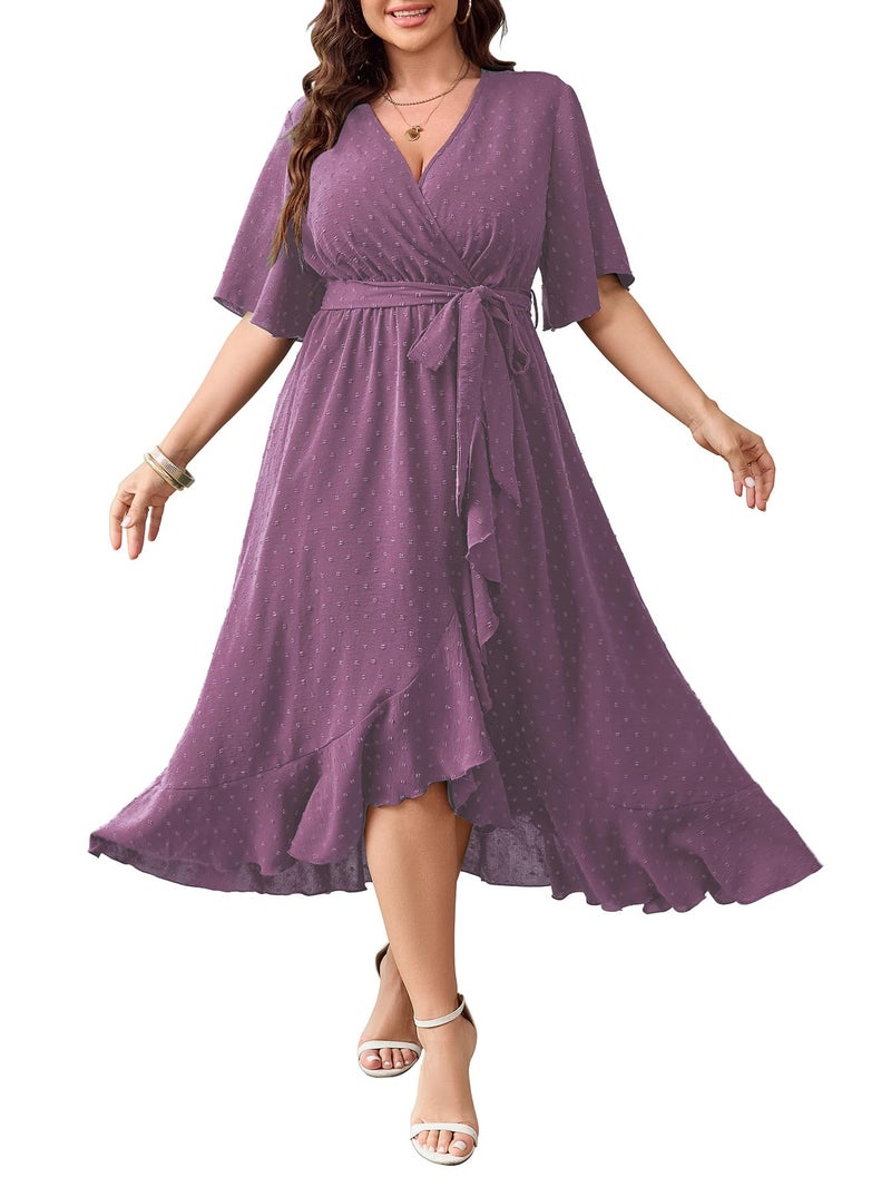 SCOMCHIC Women's Plus Size Summer Dresses Short Sleeve Wrap V Neck Swiss Dot Boho High Low Split Ruffle Maxi Dress Purple - Image 1