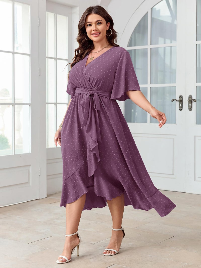 SCOMCHIC Women's Plus Size Summer Dresses Short Sleeve Wrap V Neck Swiss Dot Boho High Low Split Ruffle Maxi Dress Purple - Image 5
