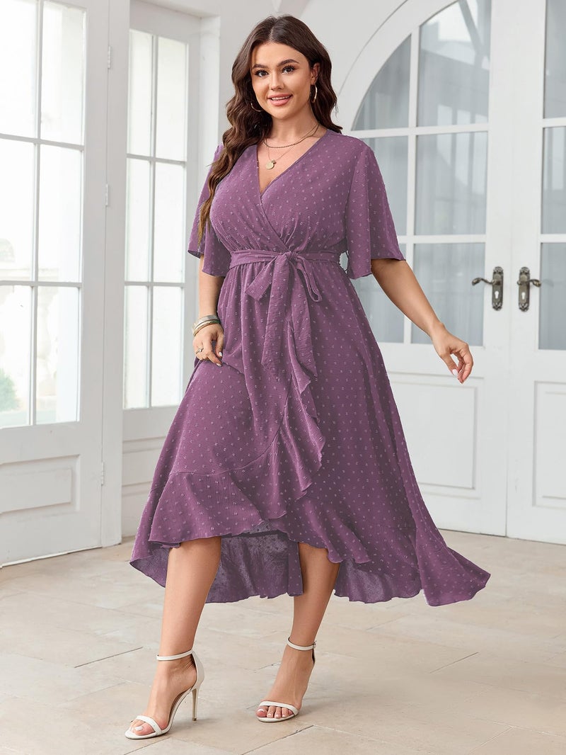 SCOMCHIC Women's Plus Size Summer Dresses Short Sleeve Wrap V Neck Swiss Dot Boho High Low Split Ruffle Maxi Dress Purple - Image 2