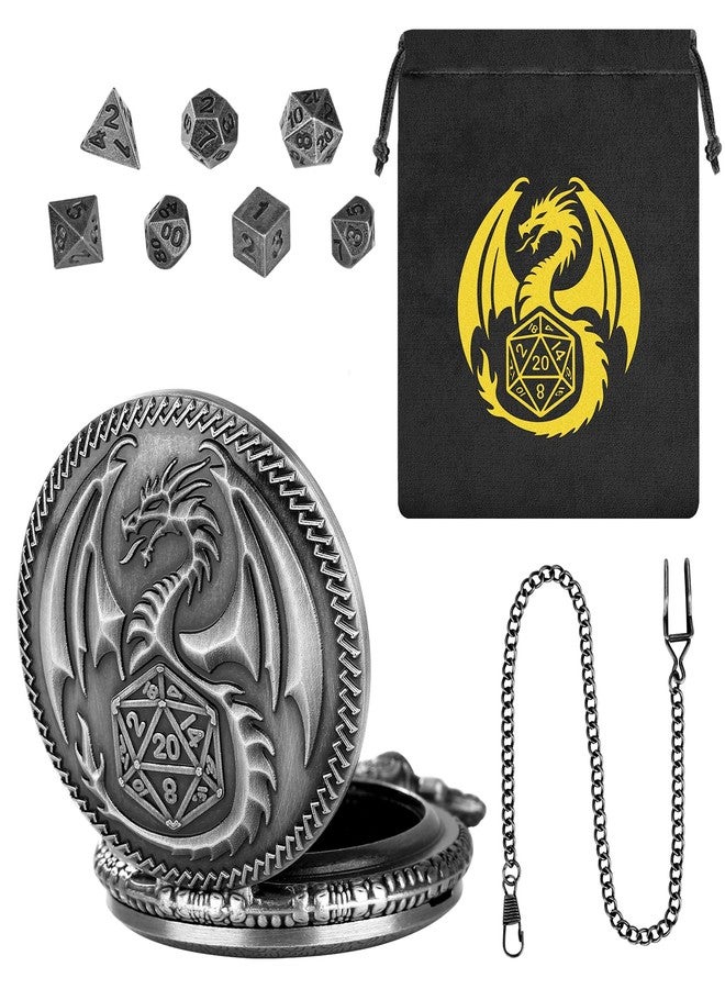 DND DADO Mini DND Dice Set with Steampunk Dragon Pocket Watch Case, Tiny 7-Piece Polyhedral Metal D&D Dice, DND Gifts with Dragon Logo Gift Bag, Role Playing Game Board Game Accessories Dice, Silver - Image 2
