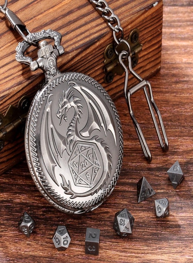 DND DADO Mini DND Dice Set with Steampunk Dragon Pocket Watch Case, Tiny 7-Piece Polyhedral Metal D&D Dice, DND Gifts with Dragon Logo Gift Bag, Role Playing Game Board Game Accessories Dice, Silver - Image 4