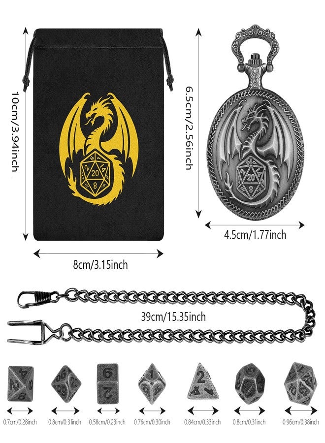 DND DADO Mini DND Dice Set with Steampunk Dragon Pocket Watch Case, Tiny 7-Piece Polyhedral Metal D&D Dice, DND Gifts with Dragon Logo Gift Bag, Role Playing Game Board Game Accessories Dice, Silver - Image 3