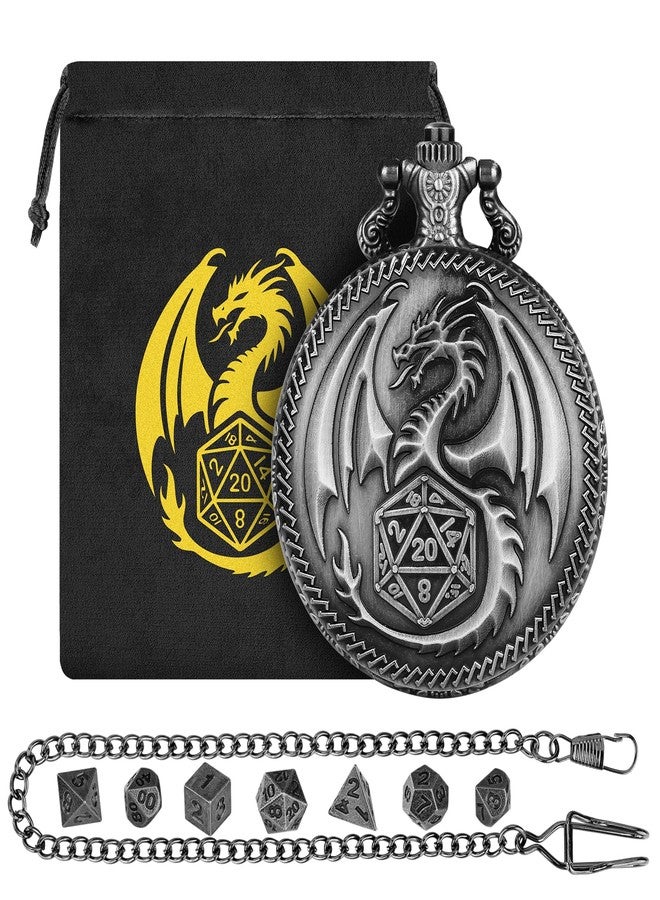 DND DADO Mini DND Dice Set with Steampunk Dragon Pocket Watch Case, Tiny 7-Piece Polyhedral Metal D&D Dice, DND Gifts with Dragon Logo Gift Bag, Role Playing Game Board Game Accessories Dice, Silver - Image 1