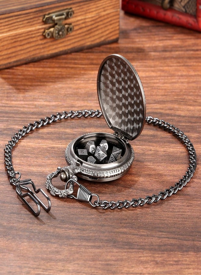 DND DADO Mini DND Dice Set with Steampunk Dragon Pocket Watch Case, Tiny 7-Piece Polyhedral Metal D&D Dice, DND Gifts with Dragon Logo Gift Bag, Role Playing Game Board Game Accessories Dice, Silver - Image 5