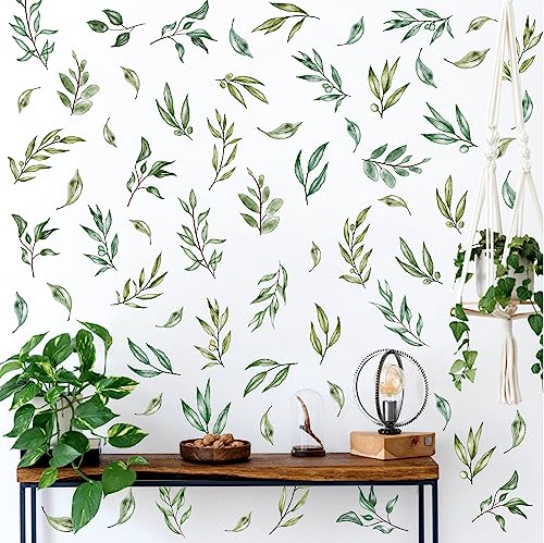 THEYGE Green Leaves Wall Stickers Green Tree Leaf Wall Stickers Boho Leaf Decal Modern Leaves Wall Decals Watercolor Botanical Plant Stickers for Nursery Bedroom Living Room Decor - Image 1
