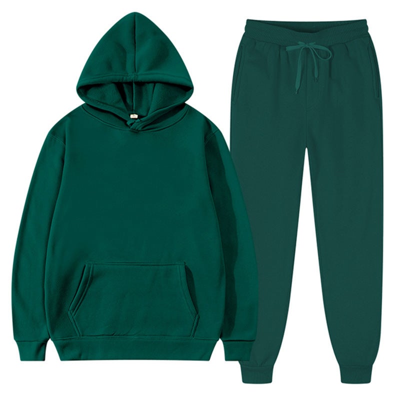 2023 spring and autumn cross-border mens and womens casual European size blank solid color suit fleece loose sweater sweatpants two-piece set batch Dark green 