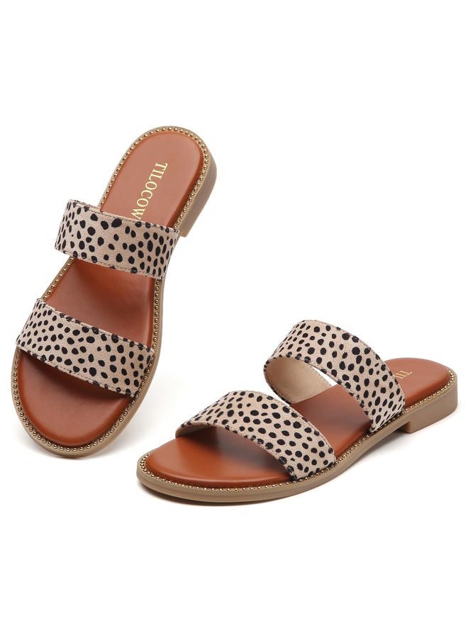 Tilocow Women's Flat Sandals with Rivets Inlaid Slip on Sandals Two Strap Casual Summer Shoes - Image 1