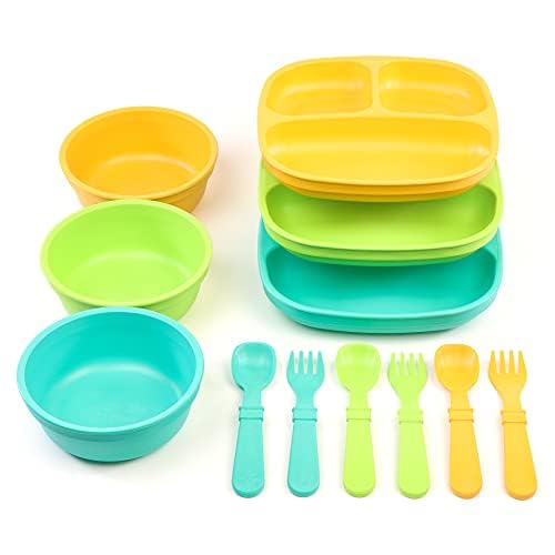 RePlay 3 Divided Toddler Plates 3 Utensils Set and 3 Wide Base Bowls  Dishwasher and Microwave Safe  Made in USA  Aqua Asst