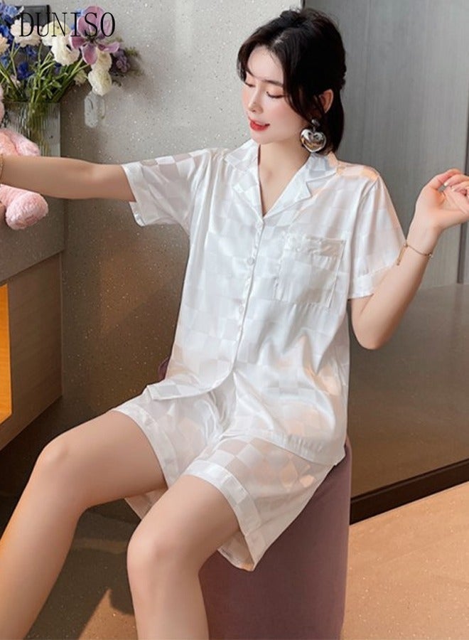 DUNISO Women's Soft Pajamas Set Silky Sleepwear 2 Piece Short sleeve Summer Pajama Set Sleepwear Night-wear Loungewear Button-Down Pajama Sets for Women's Pyjama Party Bridal Wedding - Image 4
