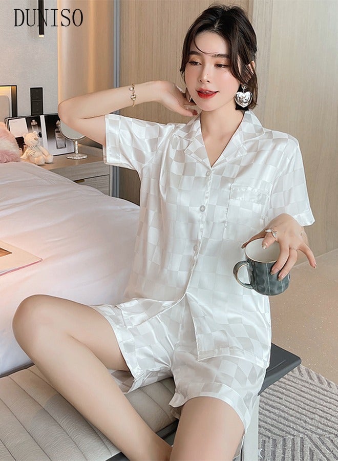 DUNISO Women's Soft Pajamas Set Silky Sleepwear 2 Piece Short sleeve Summer Pajama Set Sleepwear Night-wear Loungewear Button-Down Pajama Sets for Women's Pyjama Party Bridal Wedding - Image 5