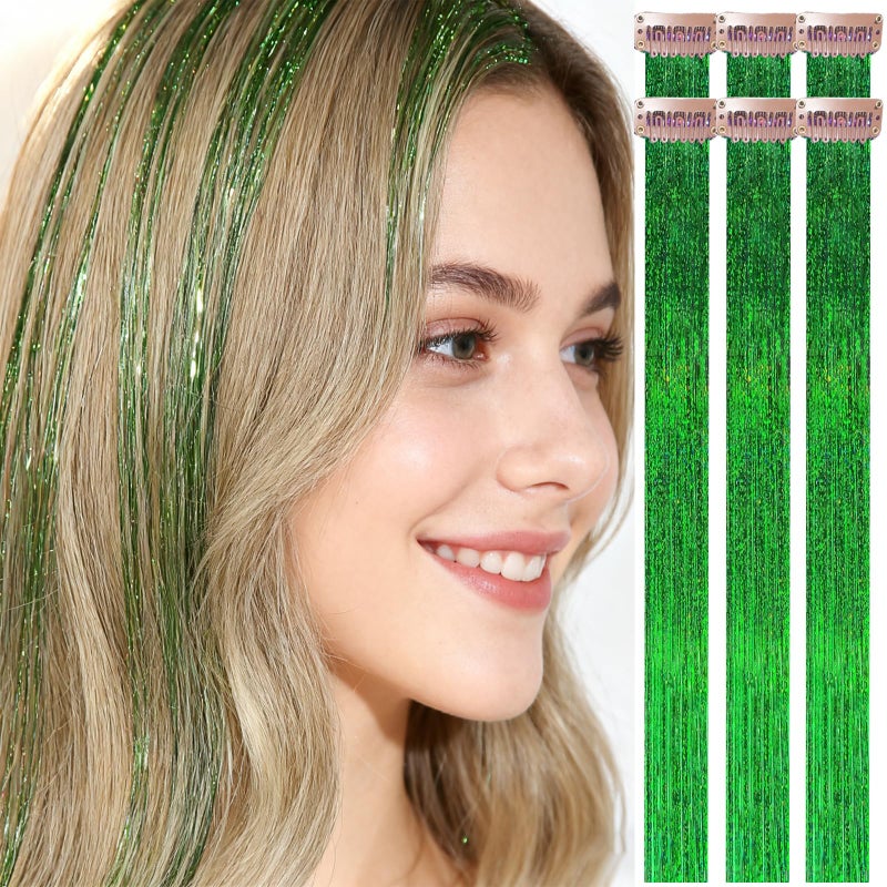 HANDWIG Olive Green Clip in Hair Tinsel, 24 Inch 75 Strands Heat Resistant Glitter Hair Extensions, 6 Packs Fairy Hair for St. Patrick's Day Music Festival Outdoor Fall - Image 1