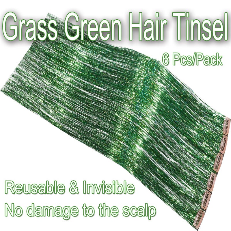 HANDWIG Olive Green Clip in Hair Tinsel, 24 Inch 75 Strands Heat Resistant Glitter Hair Extensions, 6 Packs Fairy Hair for St. Patrick's Day Music Festival Outdoor Fall - Image 5