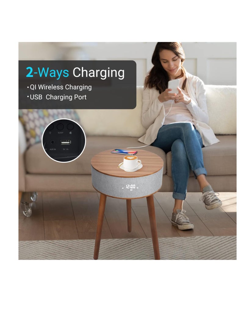 ALCOACH - DTS4 Portable Bluetooth Speaker with Wireless Charger and USB Charging Dock, Smart Side Table (Walnut Wood) - Image 1