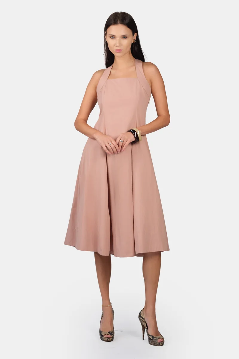 فيرجيو Solid Cotton Halter Neck Midi Dress for Women
