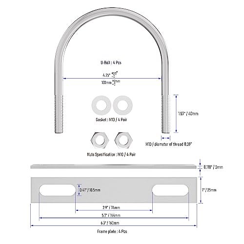 FOCMKEAS 4 Sets 304 Stainless Steel Round Bend U-Bolts 4.25"(108mm) Inner Width 5.59"(142mm) Length M10 with Nuts, Frame Plate, Washers, Accessories for Boat Trailer Axle Sailboat Trailer - Image 3