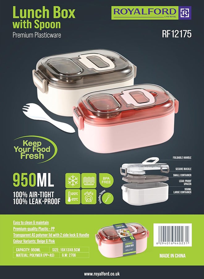 Royalford 950ml Lunch Box with Spoon - RF12175, Plastic rectangular tiffin with lid, leak-proof spacer, sturdy locks, and spill-proof design. BPA-free, odor-free PP polymer. Multicolour 950ml - Image 1