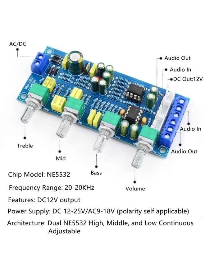 NE5532 HiFi Audio Preamp Tone Control Board Single Power Supply Blue LED Display - Image 4
