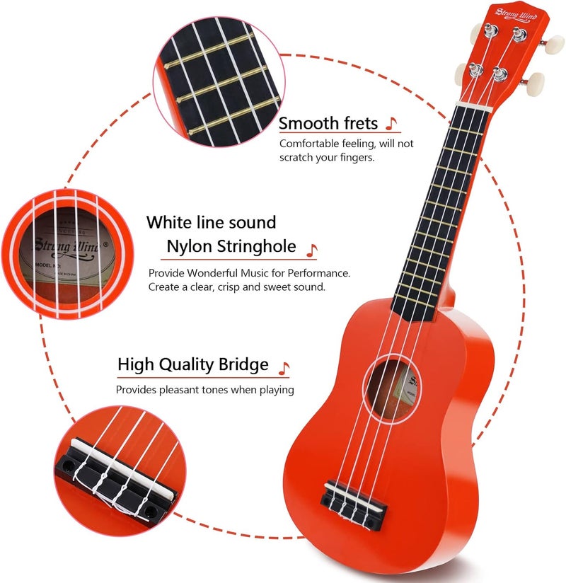 Strong wind Soprano Ukulele 21 Inch Basswood Ukeleles for Beginners Four Strings Hawaiian Guitar Ukulele for Adults Teenagers, Orange - Image 4