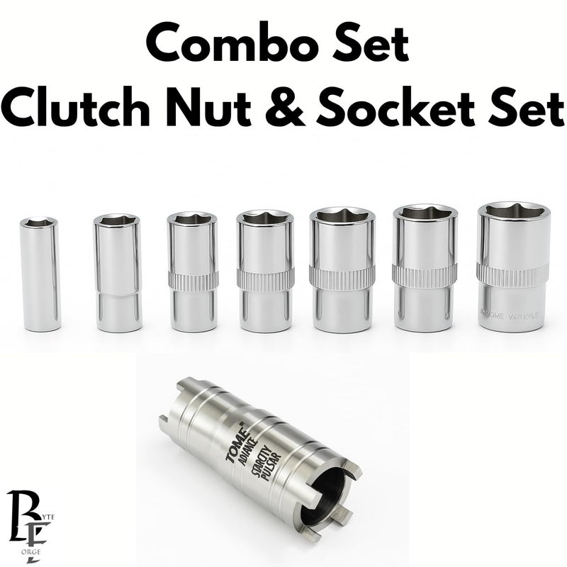 BYTE FORGE Clutch Nut & Socket Combo Set – Heavy Duty Chrome Vanadium Steel | 8-Piece Mechanics Tool Kit for Bike, & Motorcycle Repair Includes Star City/PULSER,Compatible Clutch Nut Socket - Image 2
