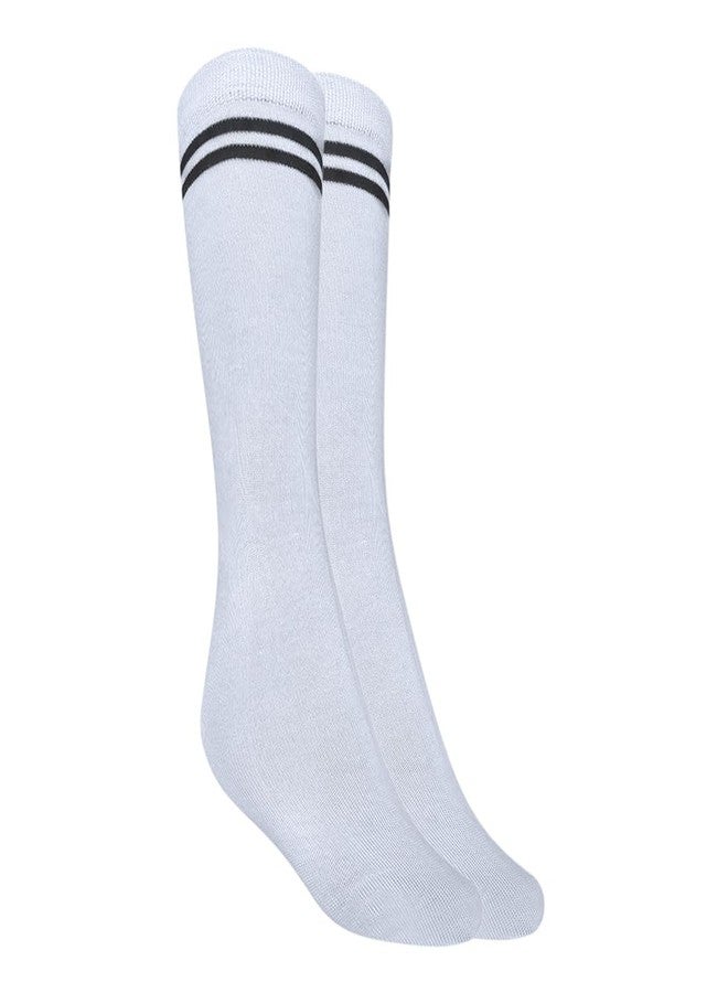 MUKHAKSH (Pack of 1 Pair Girls Kids White Socks with Black Stripes Border Lining White with Black Stripes Calf Length School Uniform School Dress Socks, 13-14 Years