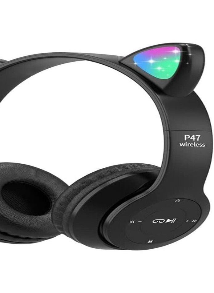 P47 - Wireless Gaming Headset, Bluetooth 5.0 Cat Ear Headphones, Kids Headphones,LED Light Up Bluetooth Over Ear Headphones for Kids and Adults Wearing(Black)) - Image 1