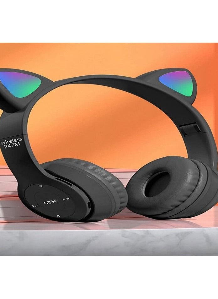 P47 - Wireless Gaming Headset, Bluetooth 5.0 Cat Ear Headphones, Kids Headphones,LED Light Up Bluetooth Over Ear Headphones for Kids and Adults Wearing(Black)) - Image 1