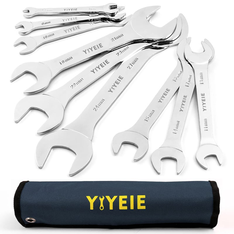YIYEIE 9Pc SuperThin Open End Wrench Set Metric 55 7 8 9 10 11 12 13 14 15 16 17 19 21 22 23 24 27 mm CRV Steel UltraSlim Flat Wrench Set with Rollup Pouch