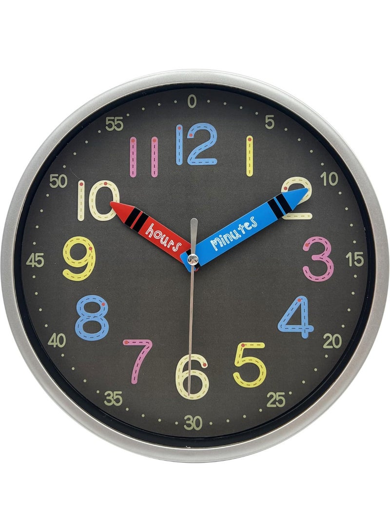 Orchid Kids Educational Wall Clock 25 cm, Colorful Learning Clock with Clear Numbers, Quiet Sweep Movement, Easy-Read Dial for Children Bedroom Clock, Kids Study Room Wall Clock (Black) - Image 1