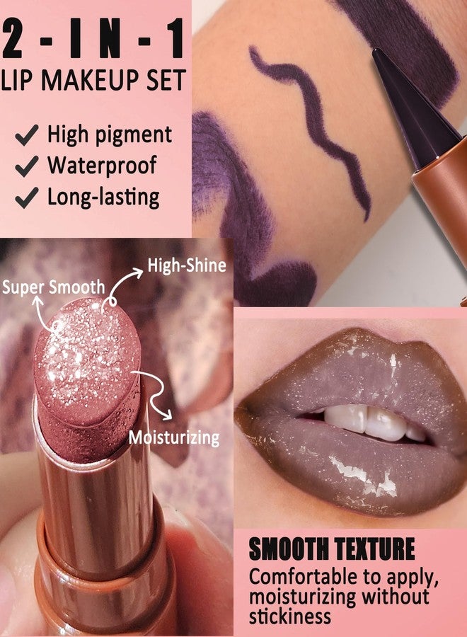 Lestpola Lip Combo Set, Brown Matte Lip Liner Pencil & Pink Glitter Lipstick Kit, High Shine Highly Pigmented, Nourishing Moisturizing, Long Lasting Plumping Shimmer Lips Gloss Stain, Makeup Gift for Women-01 - Image 4