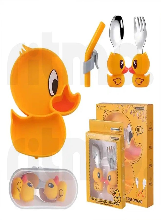 Ritmo طقم أدوات مائدة سيليكون للأطفال من ريتومو، يتضمن أطباقًا وشوكة وملعقة، بالإضافة إلى أدوات مائدة مخصصة لإطعام الأطفال الصغار (لون أصفر بطة). - Image 3