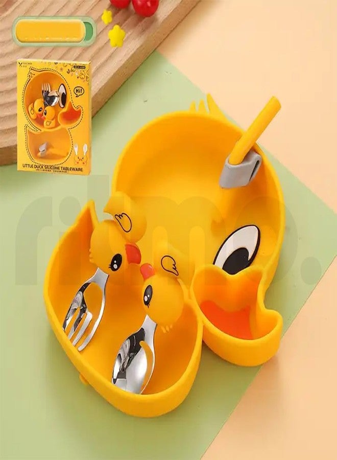 Ritmo طقم أدوات مائدة سيليكون للأطفال من ريتومو، يتضمن أطباقًا وشوكة وملعقة، بالإضافة إلى أدوات مائدة مخصصة لإطعام الأطفال الصغار (لون أصفر بطة). - Image 2