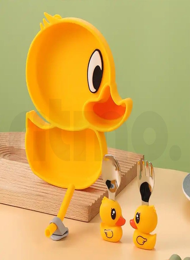 Ritmo طقم أدوات مائدة سيليكون للأطفال من ريتومو، يتضمن أطباقًا وشوكة وملعقة، بالإضافة إلى أدوات مائدة مخصصة لإطعام الأطفال الصغار (لون أصفر بطة). - Image 1