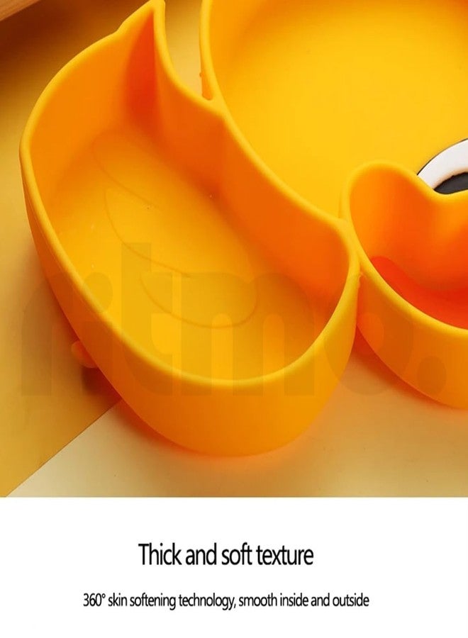 Ritmo طقم أدوات مائدة سيليكون للأطفال من ريتومو، يتضمن أطباقًا وشوكة وملعقة، بالإضافة إلى أدوات مائدة مخصصة لإطعام الأطفال الصغار (لون أصفر بطة). - Image 4