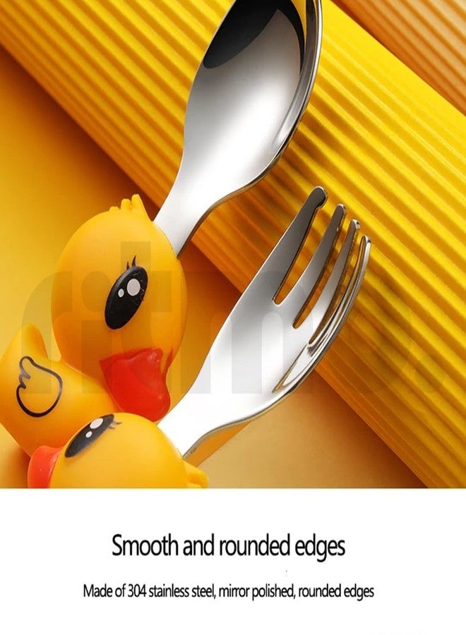 Ritmo طقم أدوات مائدة سيليكون للأطفال من ريتومو، يتضمن أطباقًا وشوكة وملعقة، بالإضافة إلى أدوات مائدة مخصصة لإطعام الأطفال الصغار (لون أصفر بطة). - Image 5