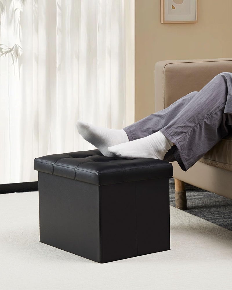 Bsketa Storage Ottoman, Folding Foot Stool with Thicker Foam Padded Seat Small Leather Storage Ottoman Bench Foot Rest for Living Room Foldable Coffee Table 17x13x13in,Black - Image 2