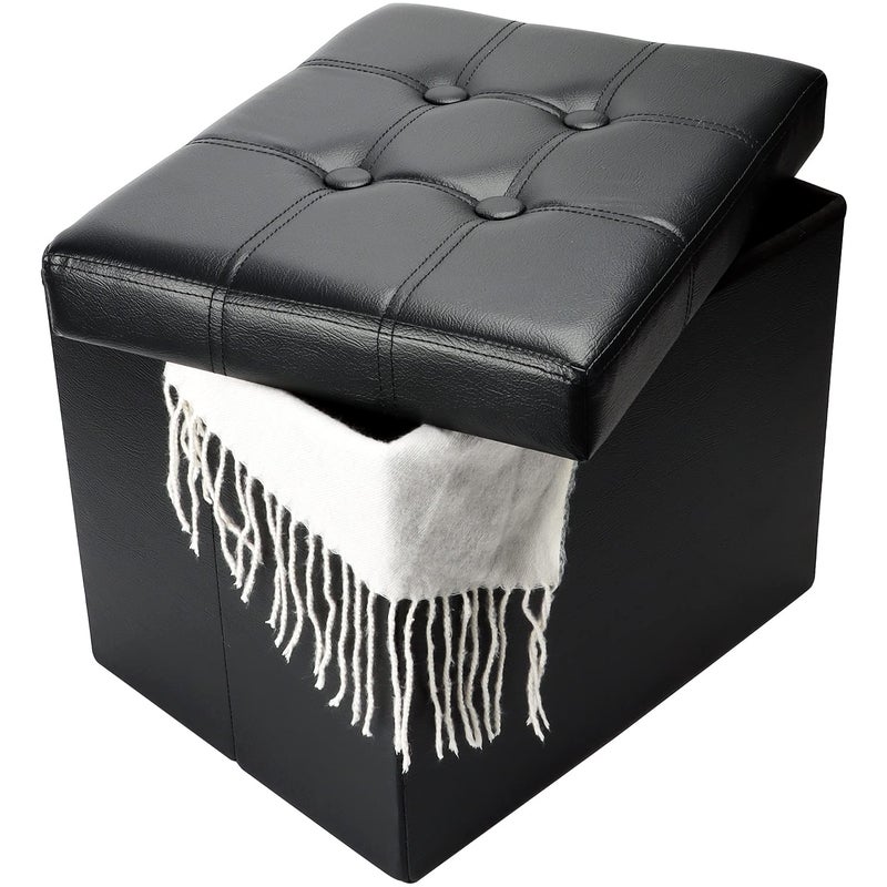 Bsketa Storage Ottoman, Folding Foot Stool with Thicker Foam Padded Seat Small Leather Storage Ottoman Bench Foot Rest for Living Room Foldable Coffee Table 17x13x13in,Black - Image 1