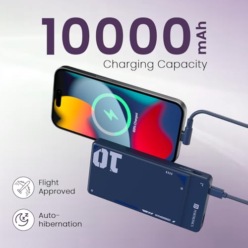 Portronics Luxcell Uno 10K 10000 mAh 22.5W Fast Charging Power Bank with Detachable Type C Cable, Ultra Slim Power Bank with Mach USB-A Output, Type C PD Output, Type C Input, Wake Up Button(Blue) - Image 2